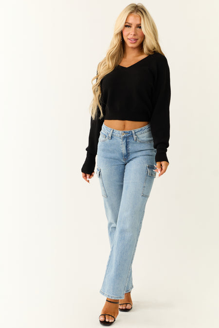 Black Ribbed Knit V Neck Sweater