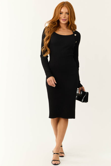 Black Ribbed Long Sleeve Gold Button Detail Midi Dress