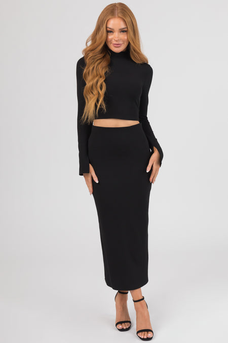 Black Ribbed Mock Neck Top and Maxi Skirt Set