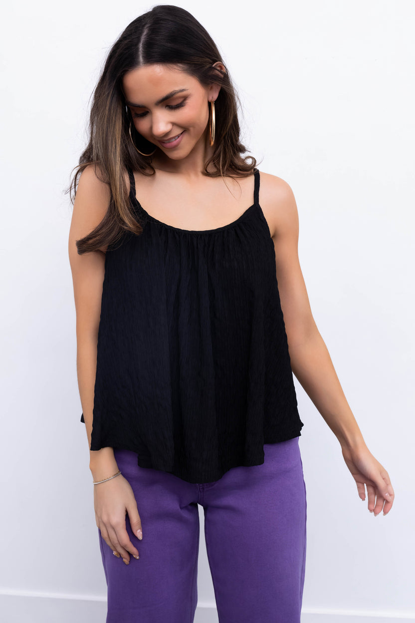 Black Round Neckline Flowy Cami Tank Top