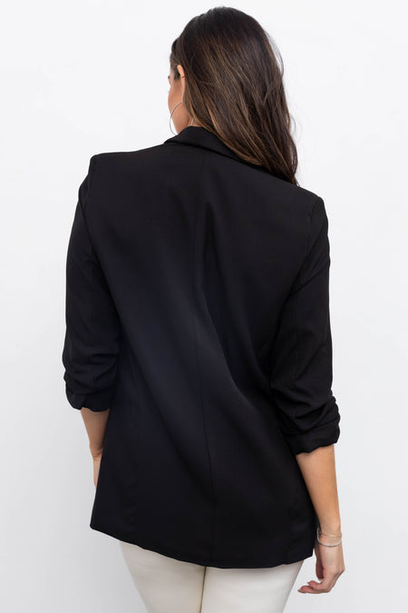 Black Ruched 3/4 Sleeve Open Front Blazer