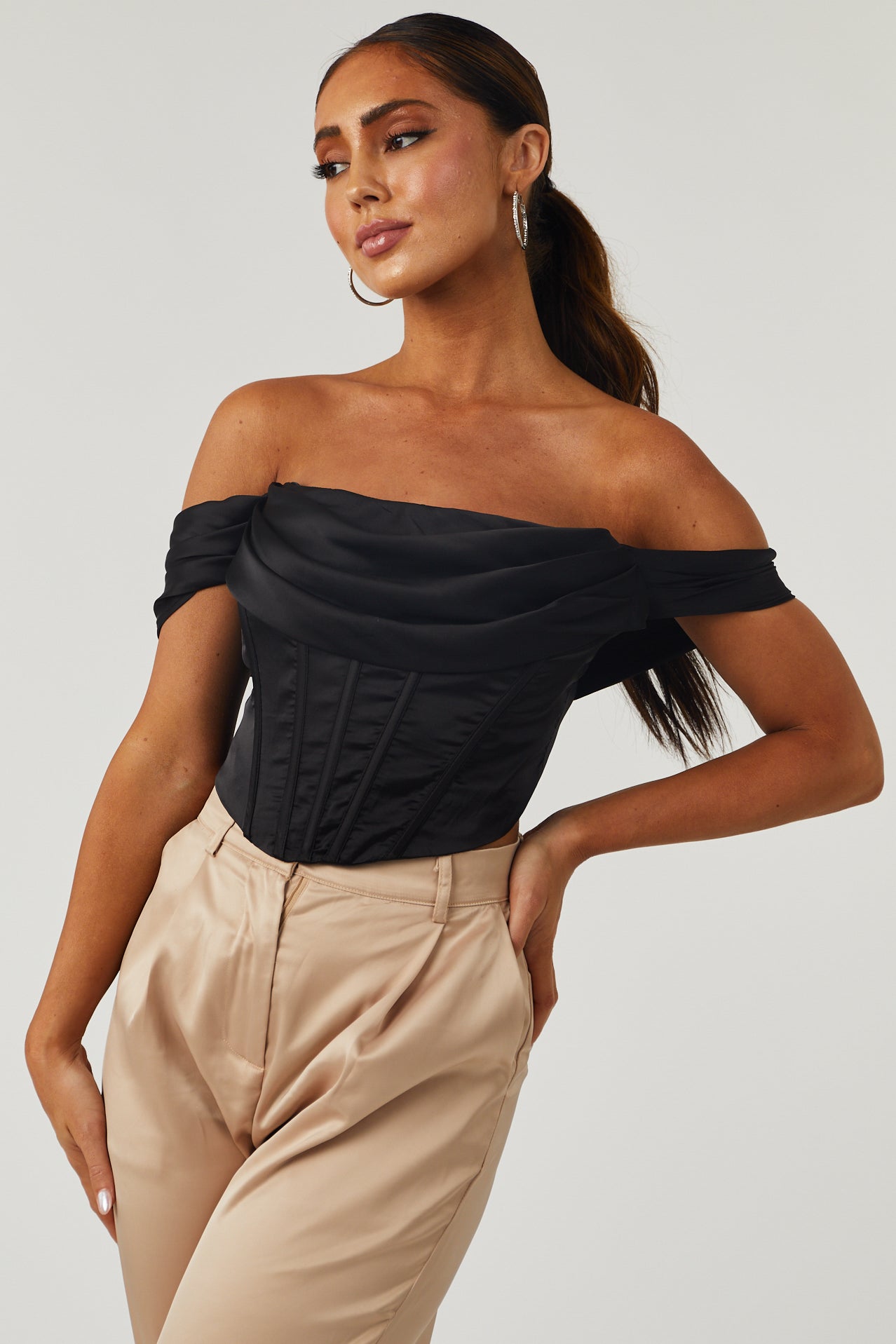 Black Ruched Off Shoulder Satin Corset Top