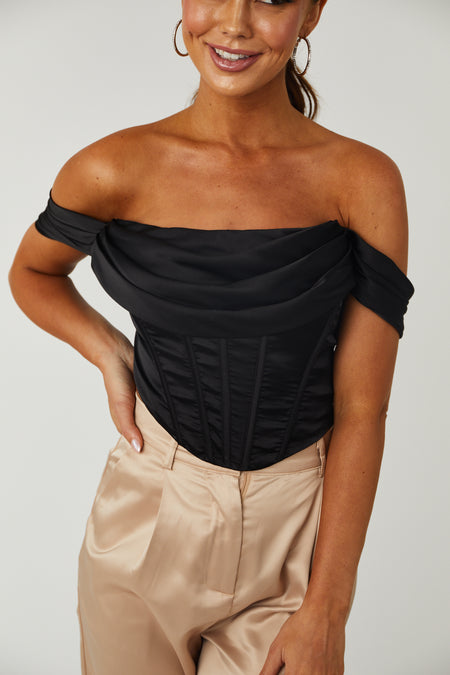 Black Ruched Off Shoulder Satin Corset Top