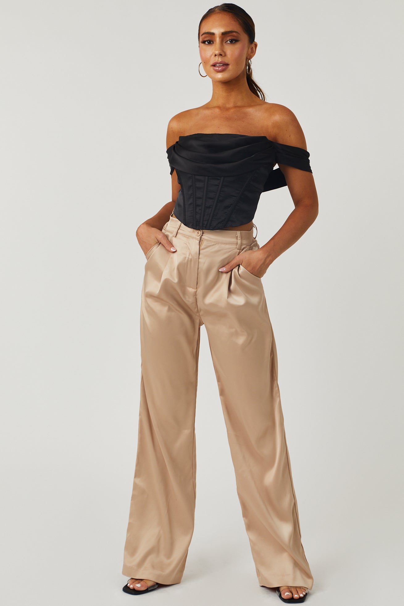 Black Ruched Off Shoulder Satin Corset Top