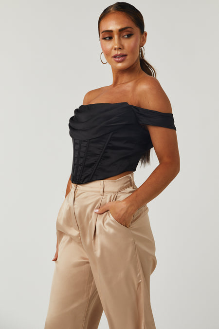 Black Ruched Off Shoulder Satin Corset Top