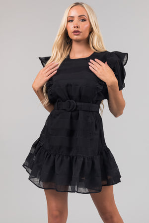 Black Ruffle Belted Waist Striped Mini Dress