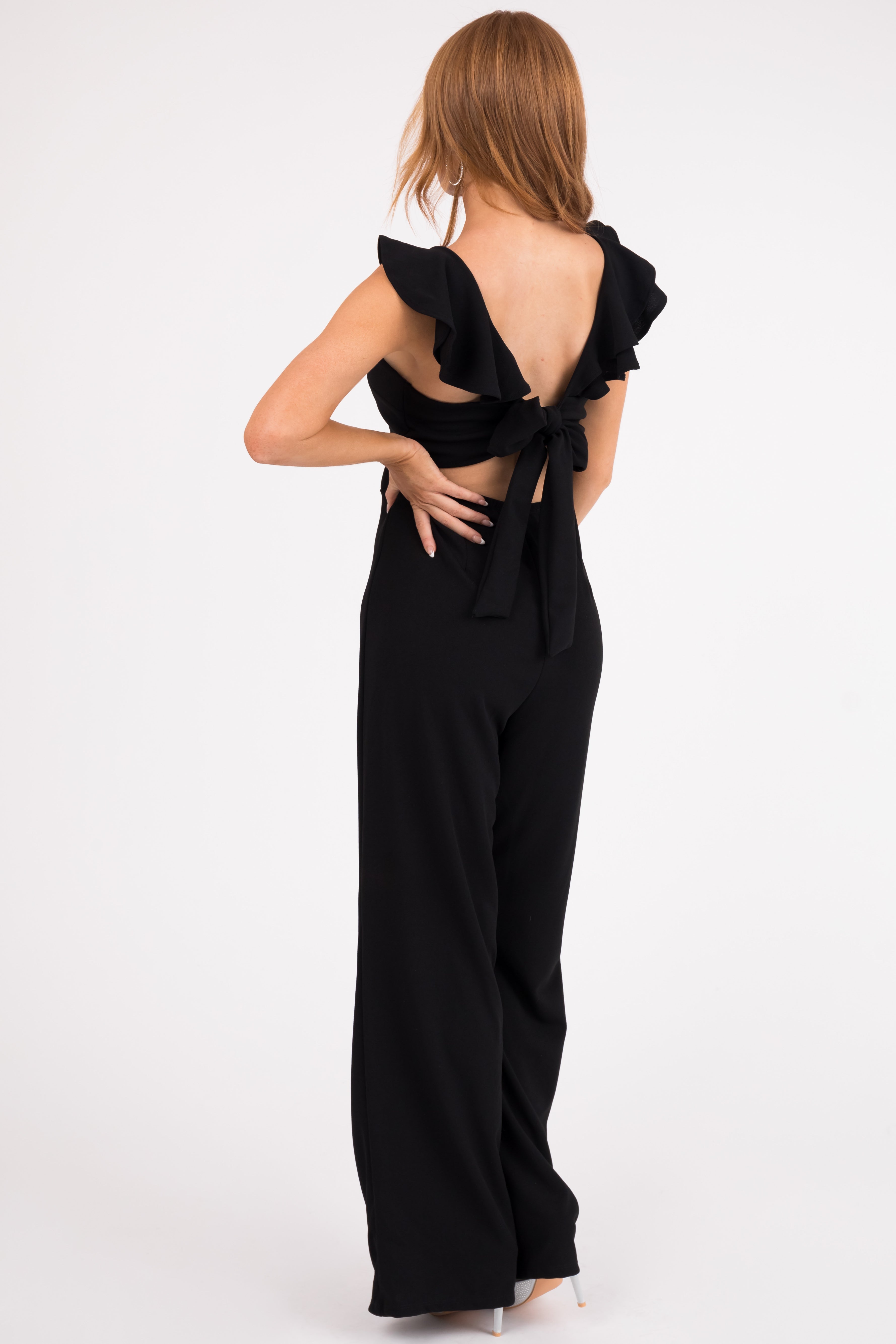 Black Ruffle Cap Sleeve Open Tie Back Jumpsuit