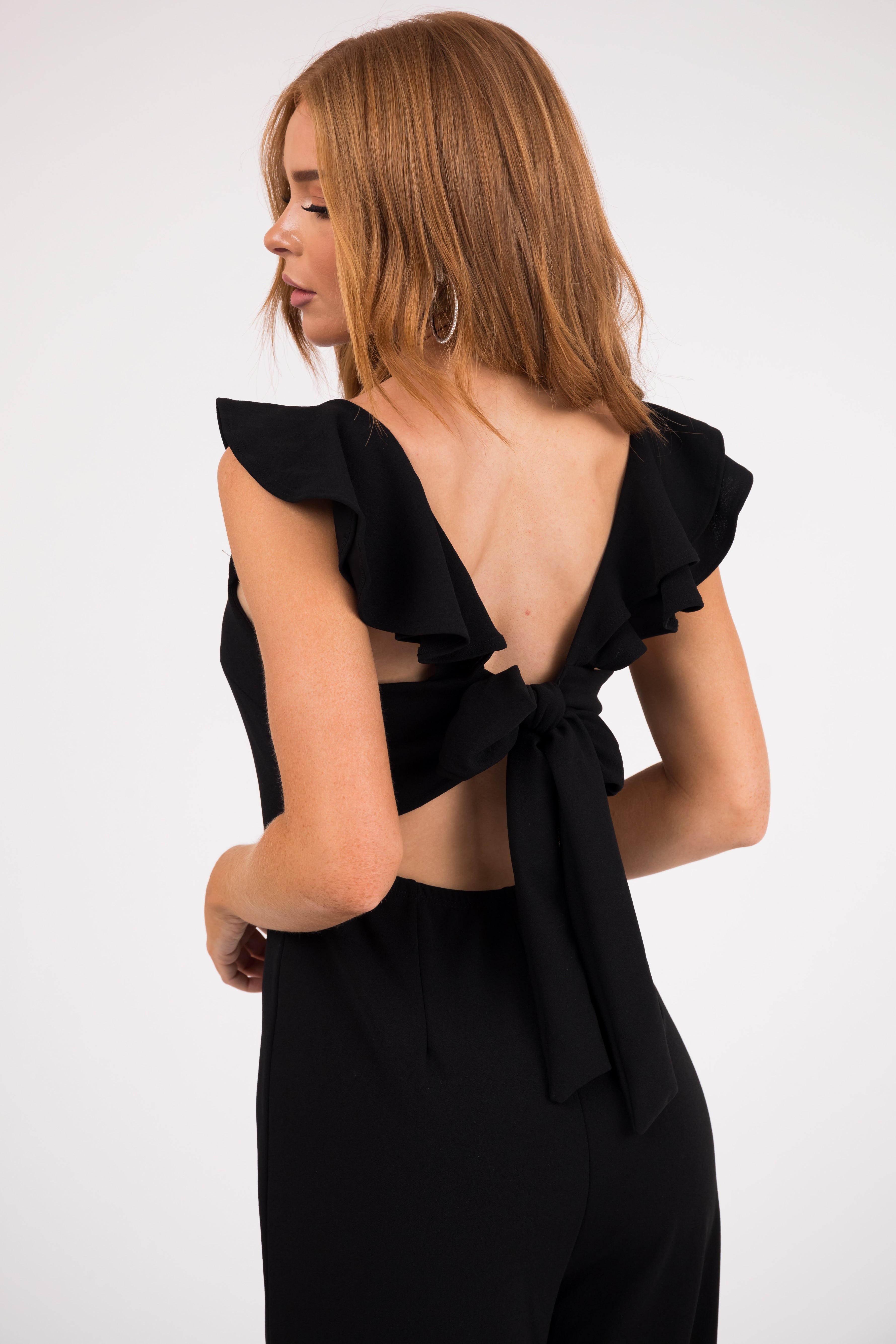 Black Ruffle Cap Sleeve Open Tie Back Jumpsuit