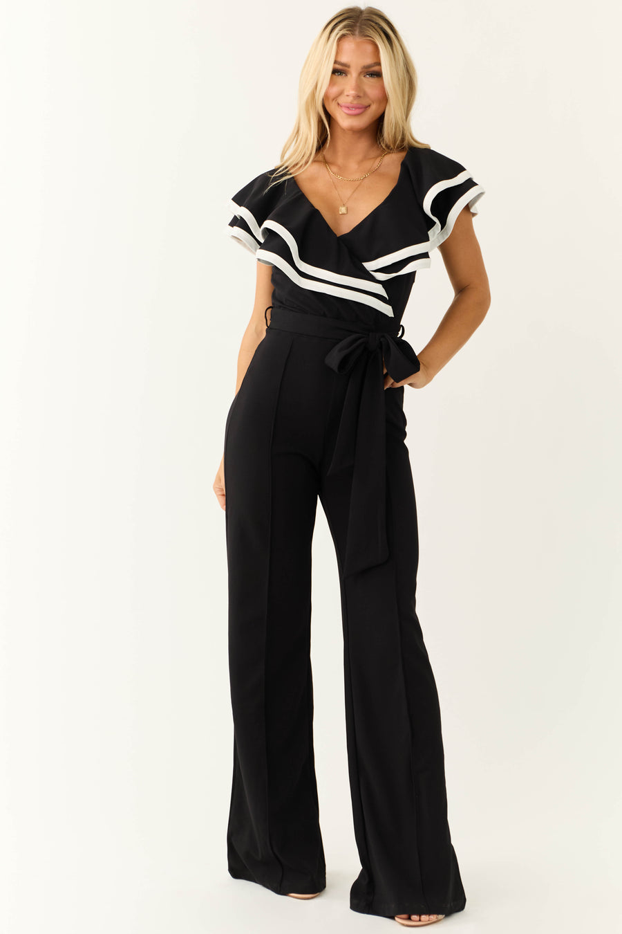 Black Ruffle Jumpsuit with Ivory Contrast Trim