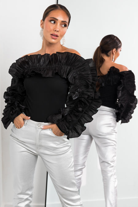 Black Ruffle Long Sleeve Off the Shoulder Top