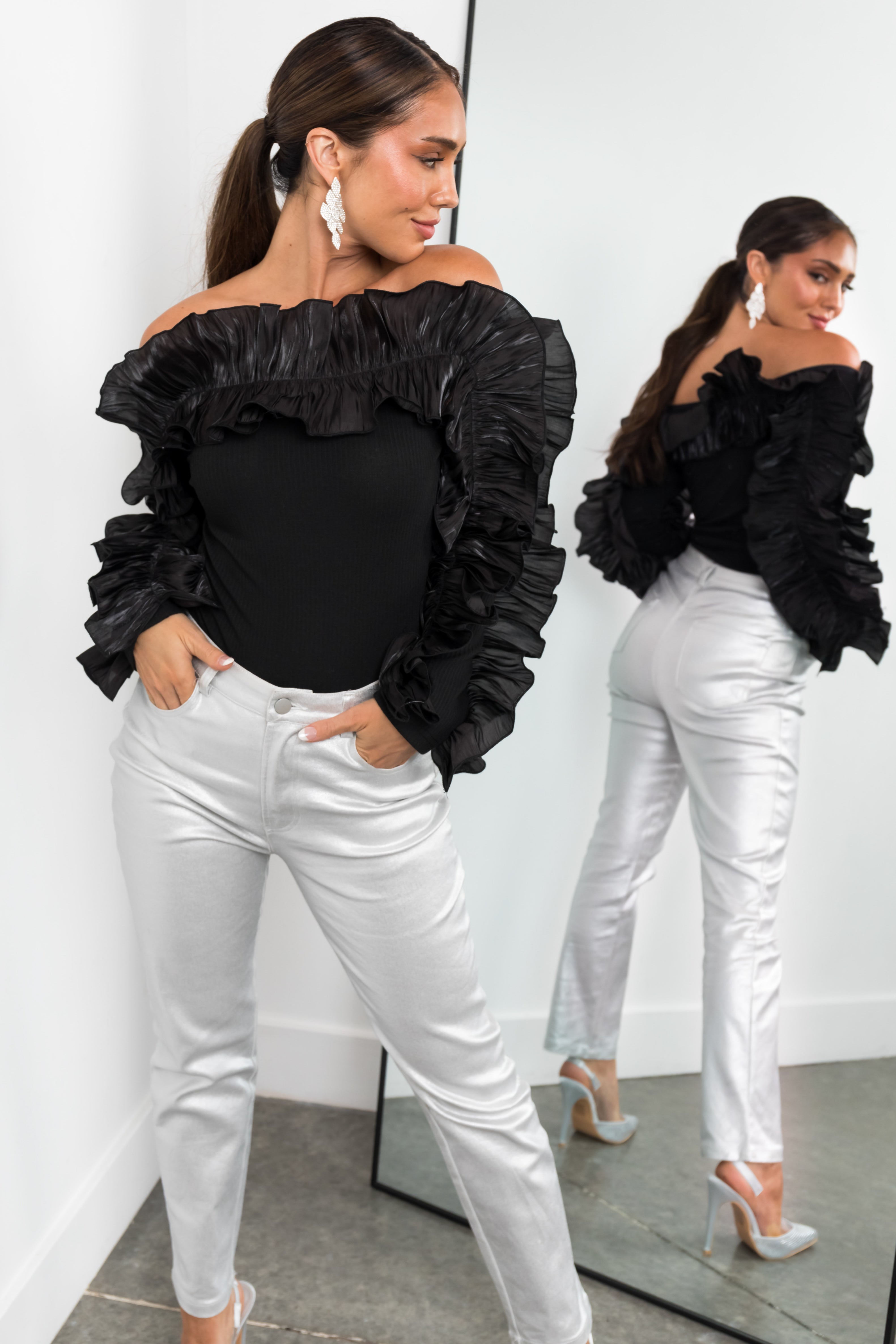 Black Ruffle Long Sleeve Off the Shoulder Top