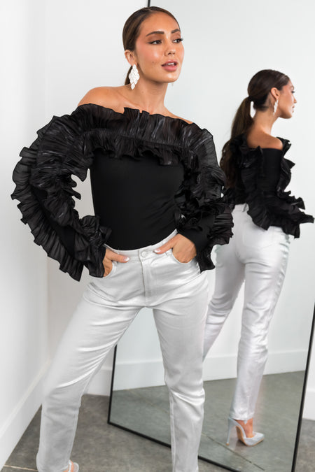 Black Ruffle Long Sleeve Off the Shoulder Top