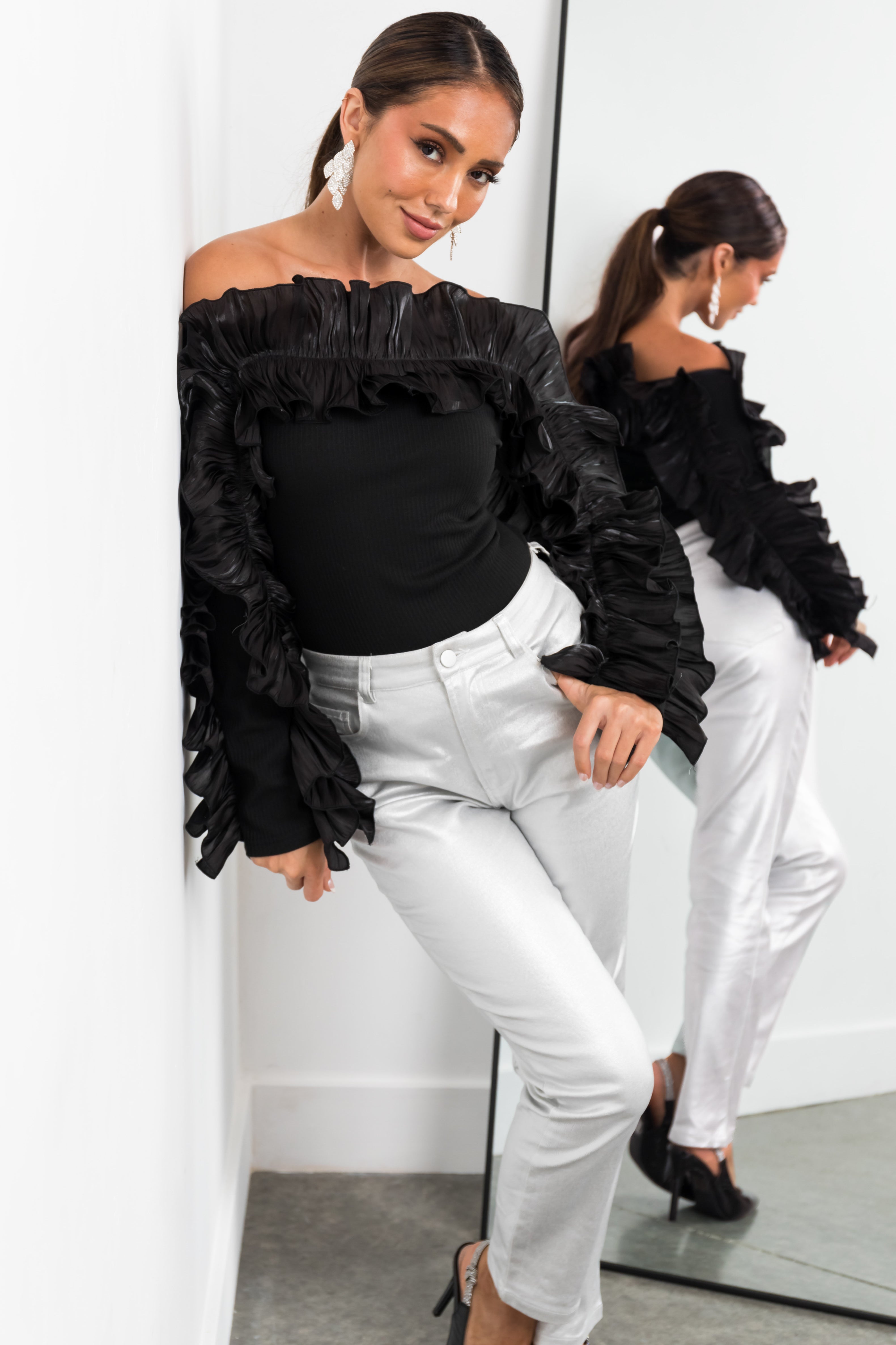 Black Ruffle Long Sleeve Off the Shoulder Top