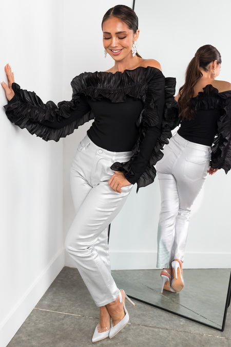 Black Ruffle Long Sleeve Off the Shoulder Top