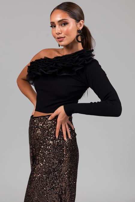 Black Ruffle One Shoulder Long Sleeve Top