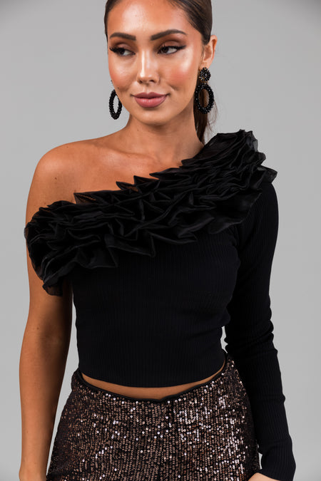 Black Ruffle One Shoulder Long Sleeve Top