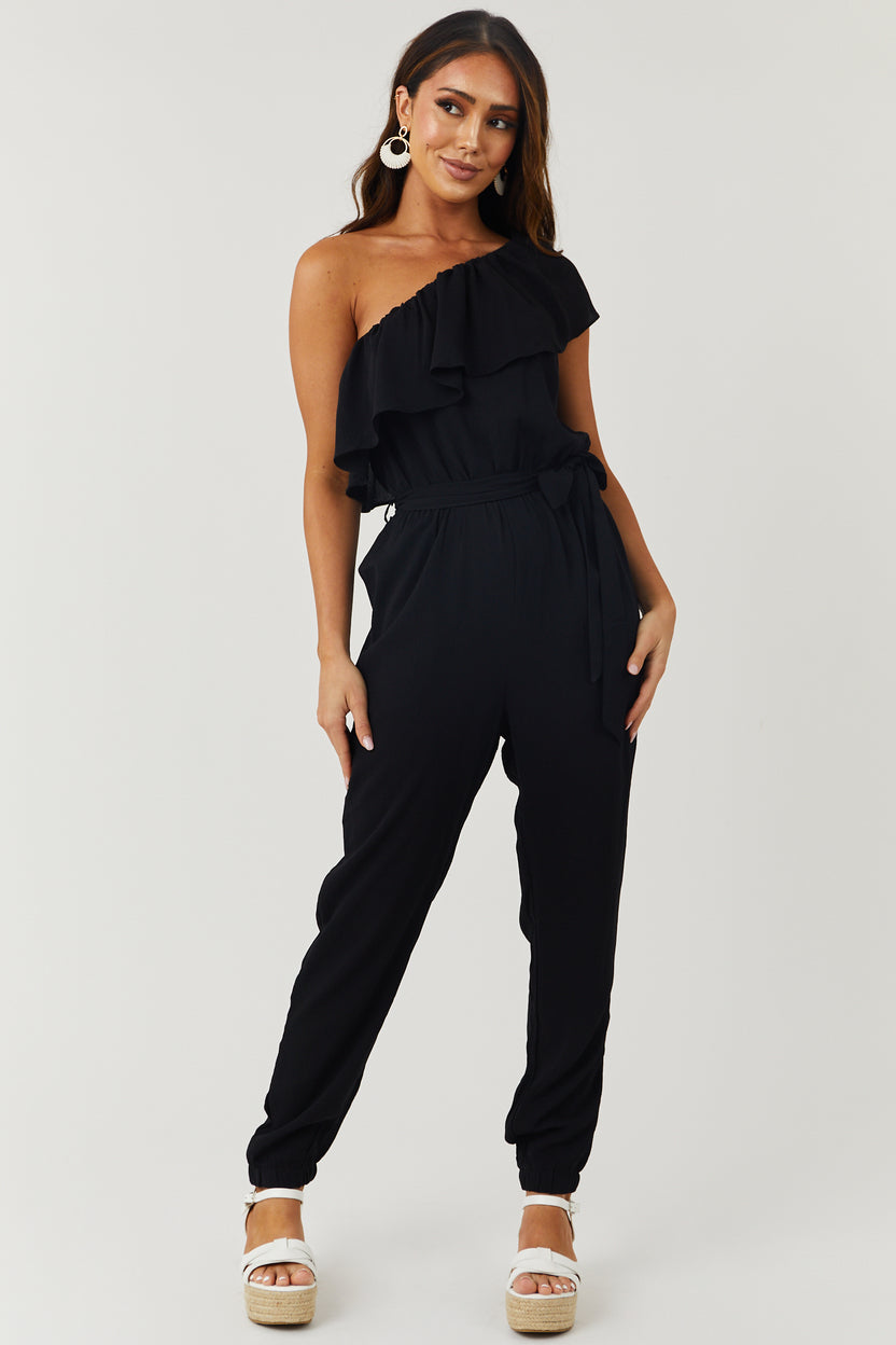 Black Ruffle One Shoulder Waist Belt Tie Jumpsuit