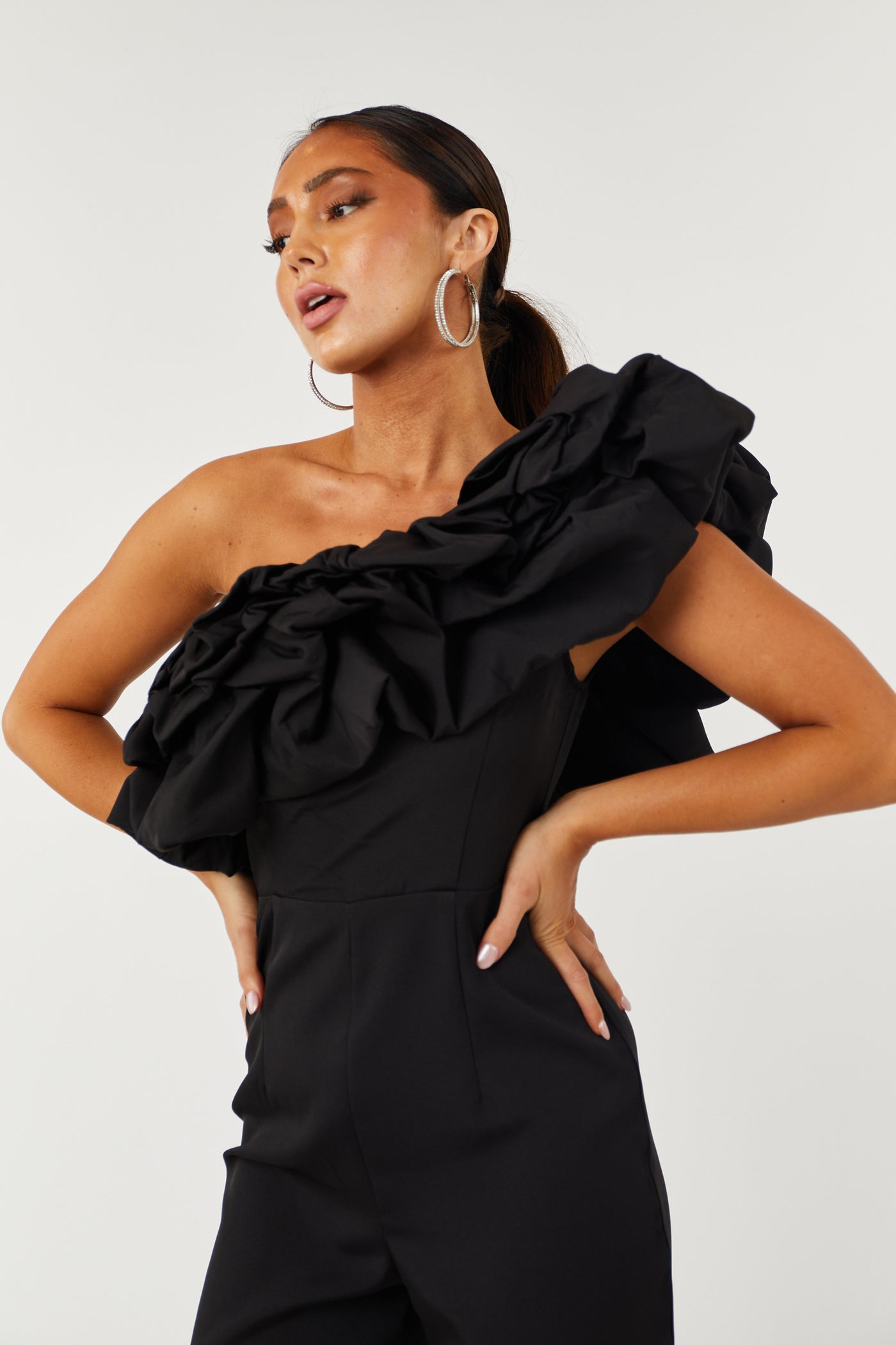 Black Ruffle One Shoulder Woven Jumpsuit