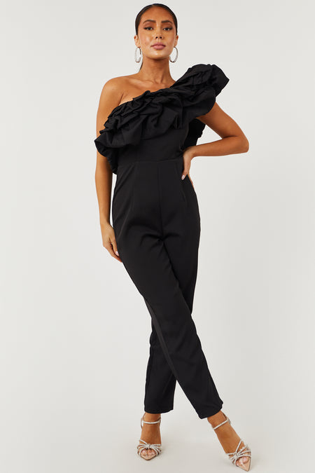 Black Ruffle One Shoulder Woven Jumpsuit