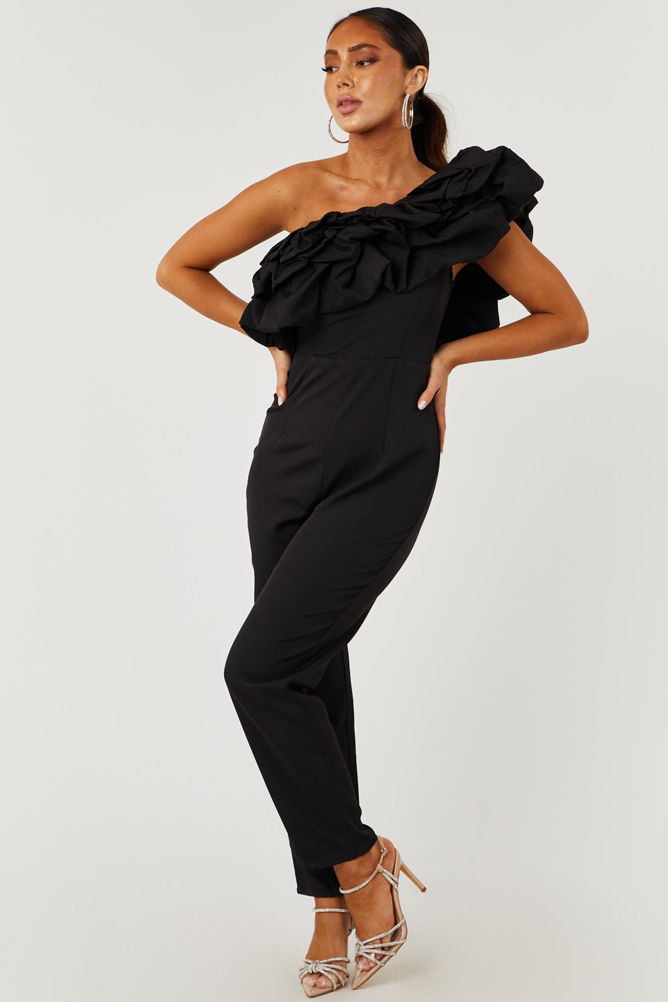 Black Ruffle One Shoulder Woven Jumpsuit