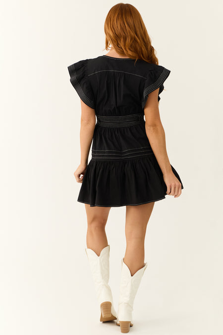 Black Ruffle Short Sleeve V Neck Mini Dress