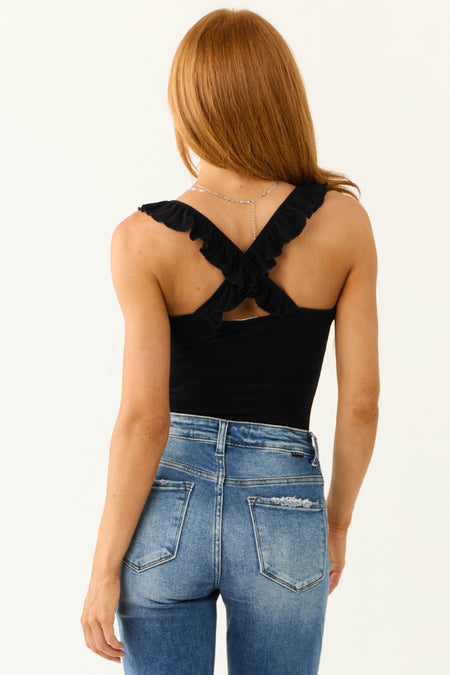 Black Ruffle Strap Cross Back Knit Bodysuit