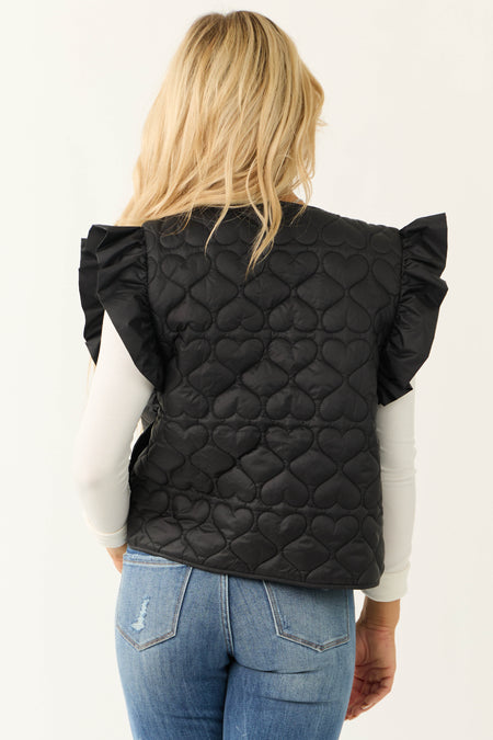 Black Ruffle Strap Zip Up Quilted Puffer Vest