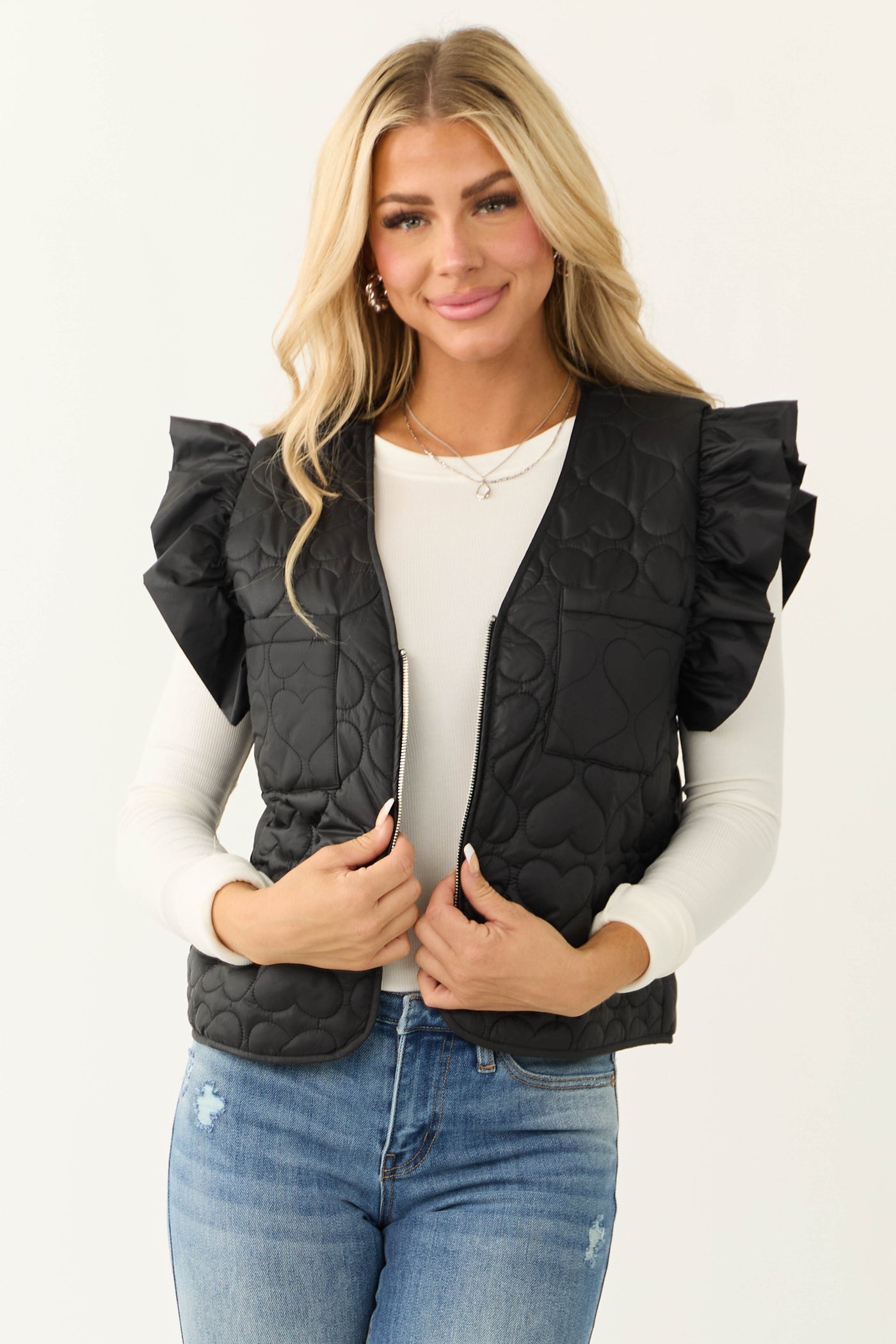 Black Ruffle Strap Zip Up Quilted Puffer Vest