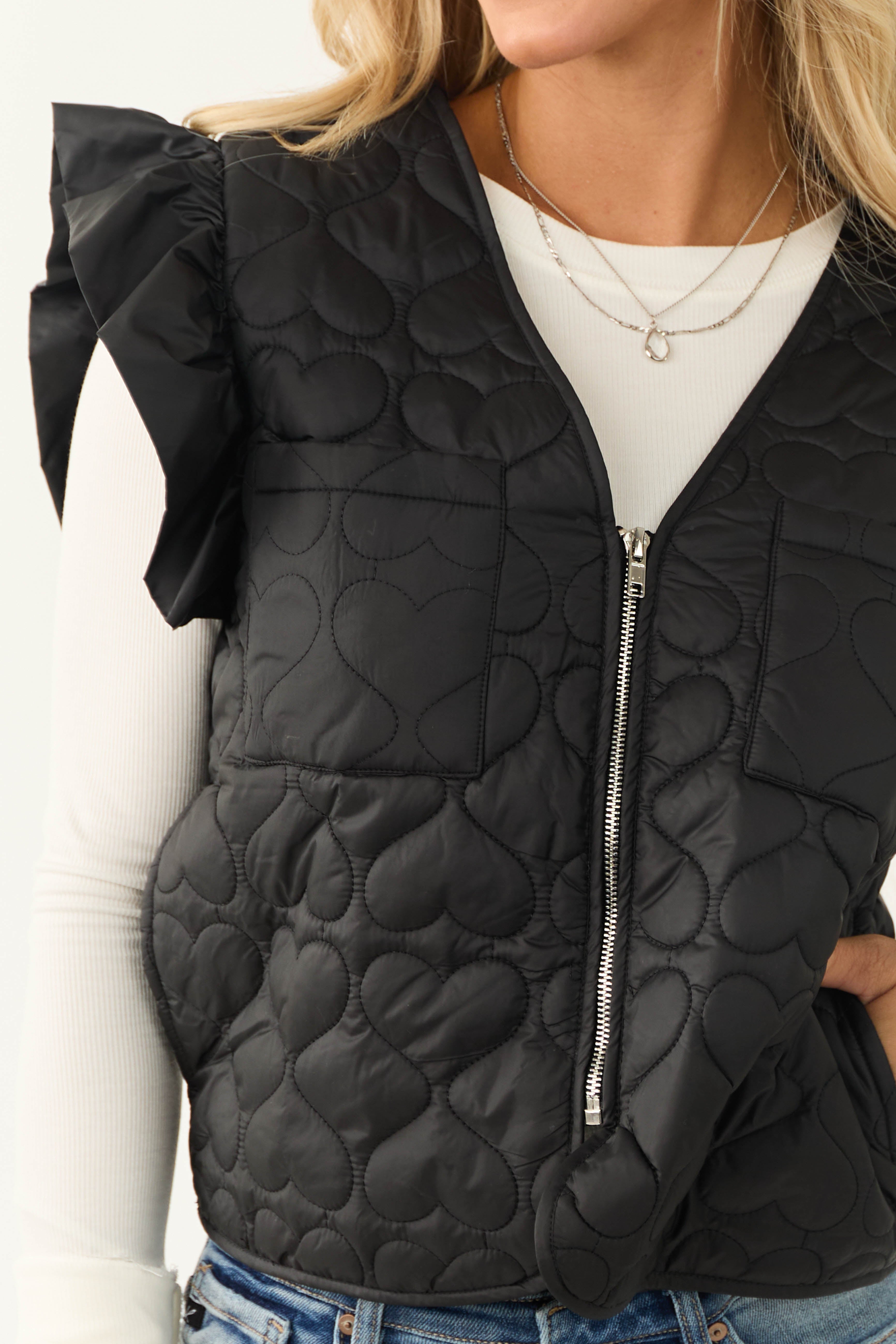 Black Ruffle Strap Zip Up Quilted Puffer Vest