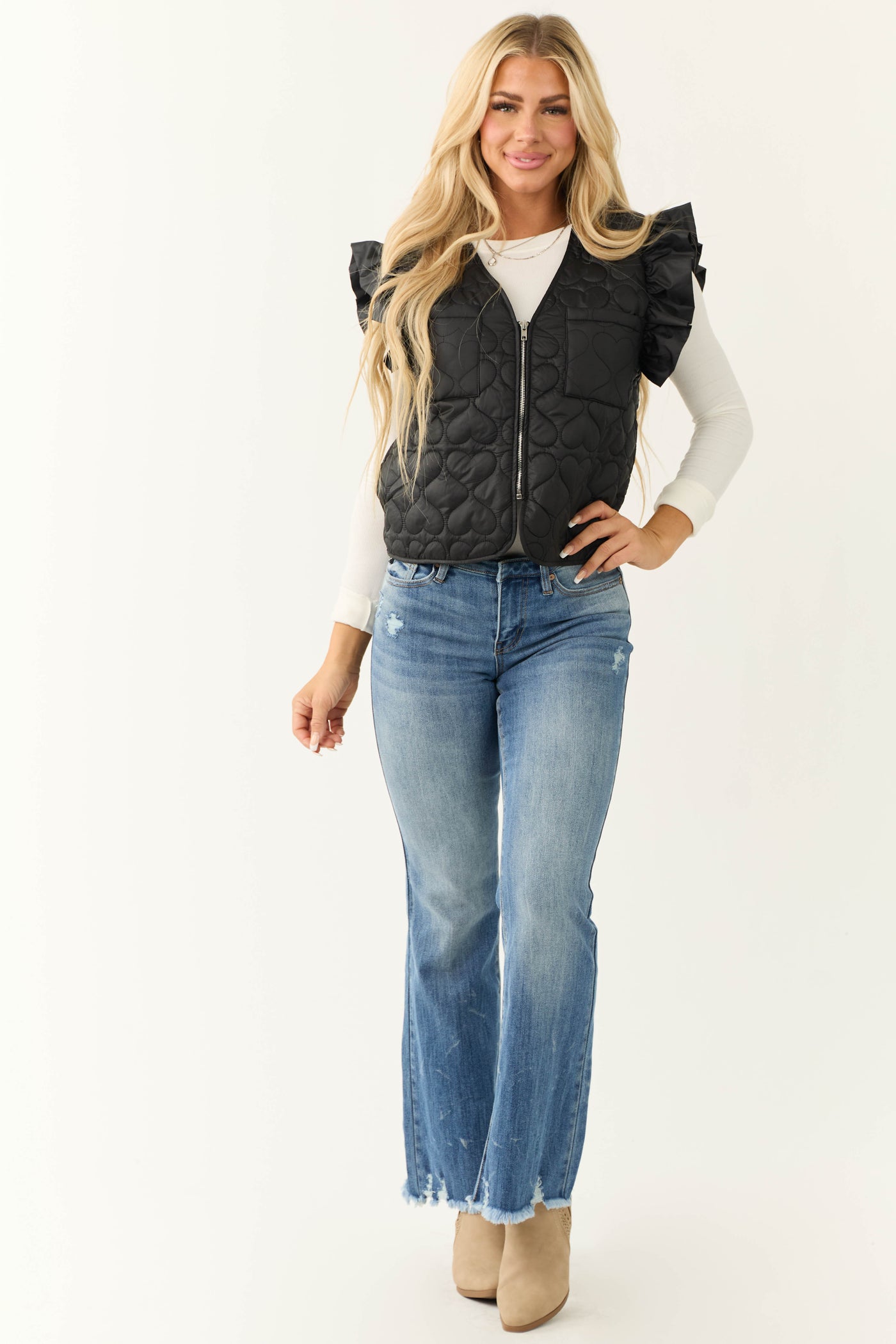 Black Ruffle Strap Zip Up Quilted Puffer Vest