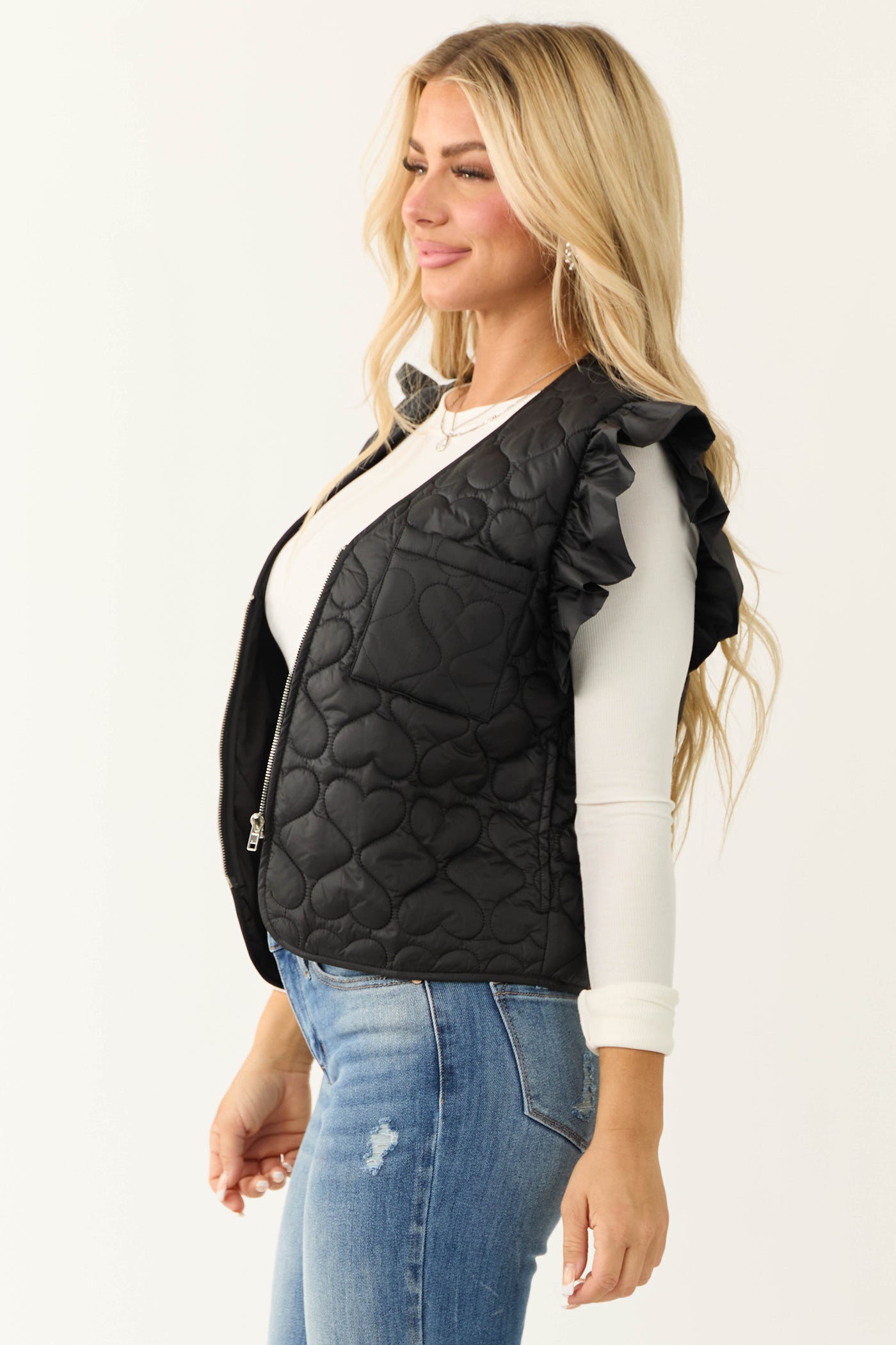 Black Ruffle Strap Zip Up Quilted Puffer Vest