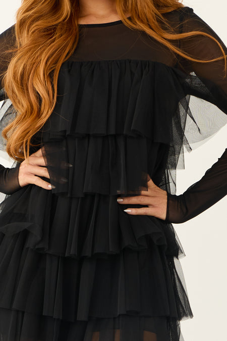 Black Ruffle Tulle Tiered Mesh Romper