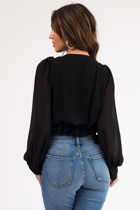 Black Ruffled V Neck Long Sleeve Woven Blouse