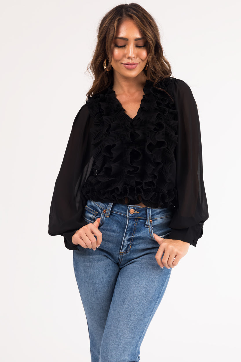 Black Ruffled V Neck Long Sleeve Woven Blouse