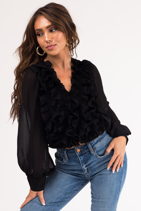 Black Ruffled V Neck Long Sleeve Woven Blouse