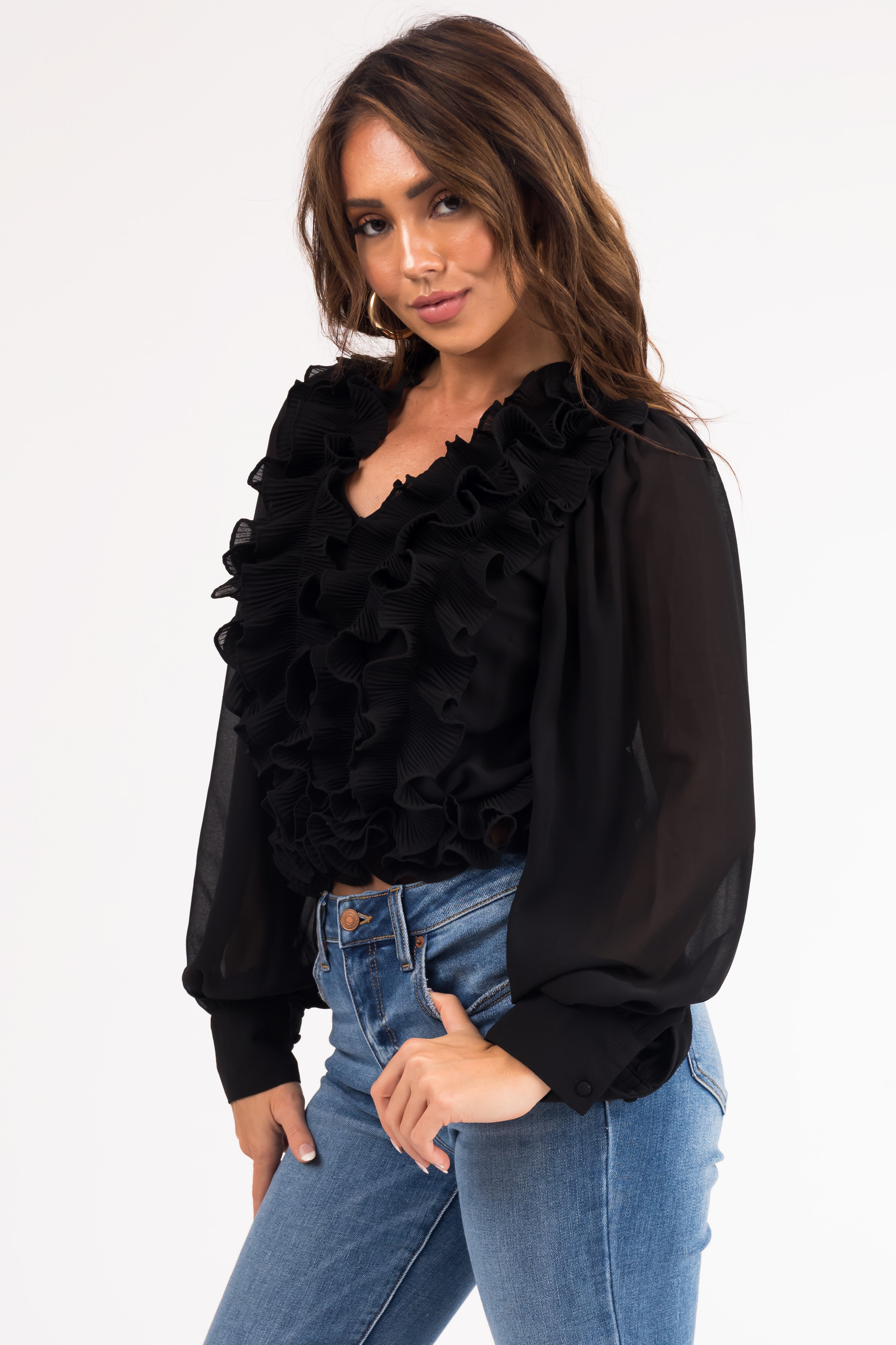 Black Ruffled V Neck Long Sleeve Woven Blouse