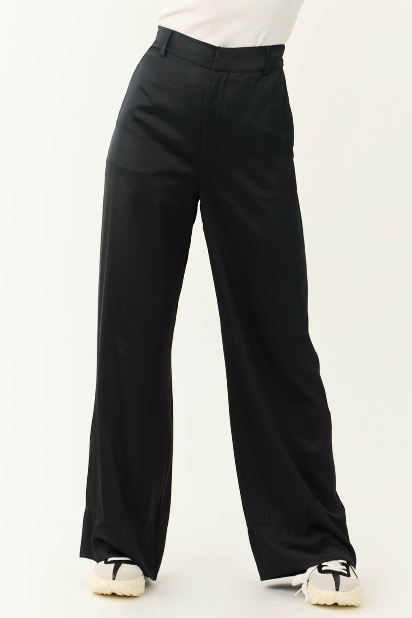 Black Satin High Waist Wide Leg Pants