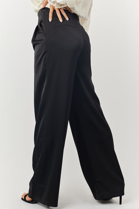 Black Satin High Waisted Wide Leg Pants with Pockets