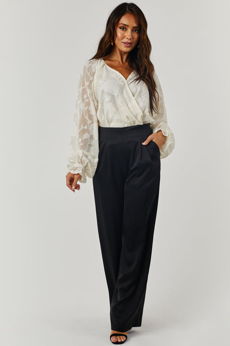 Black Satin High Waisted Wide Leg Pants with Pockets