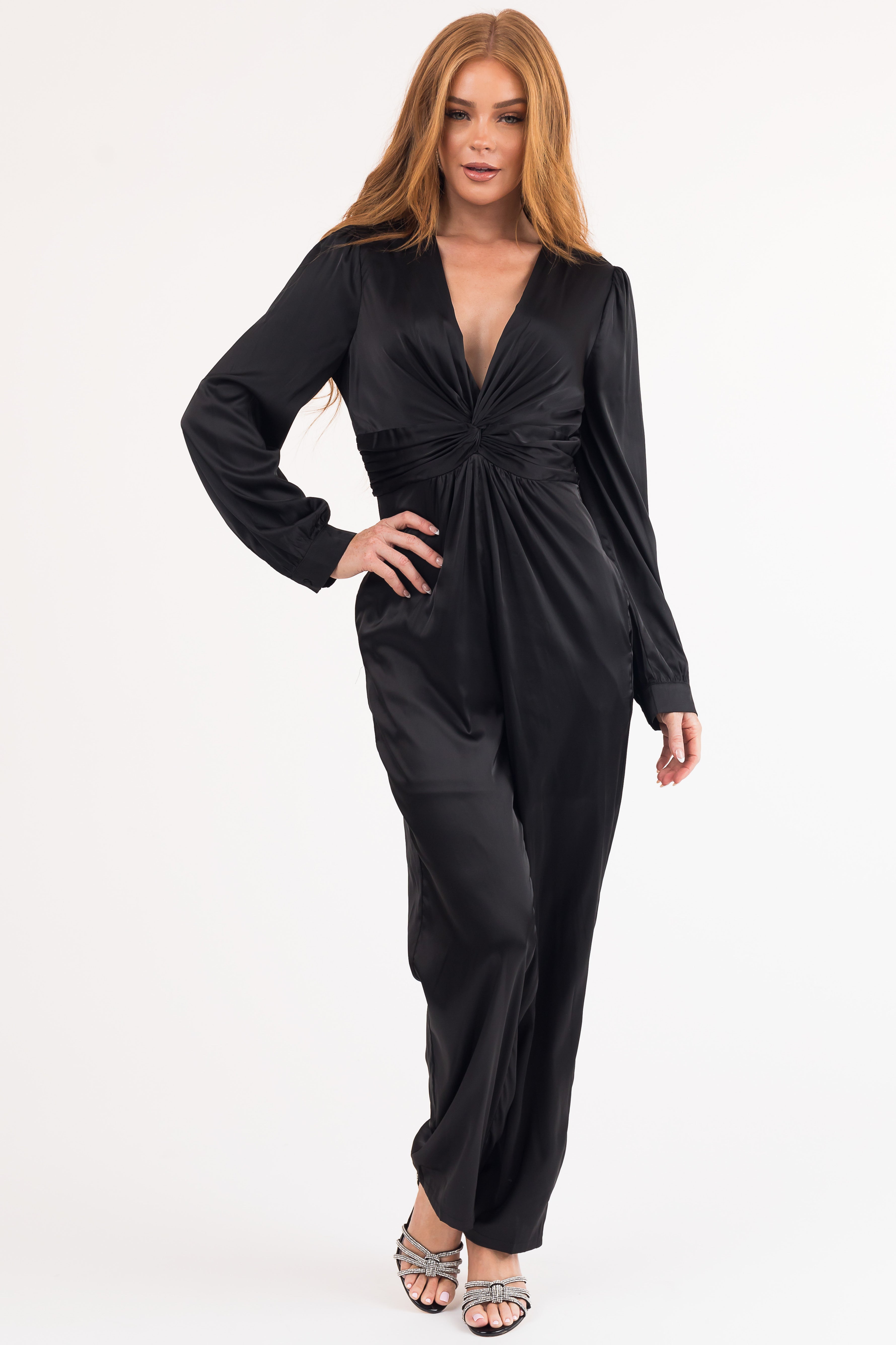 Black Satin Jumpsuit with Knot Front Detail