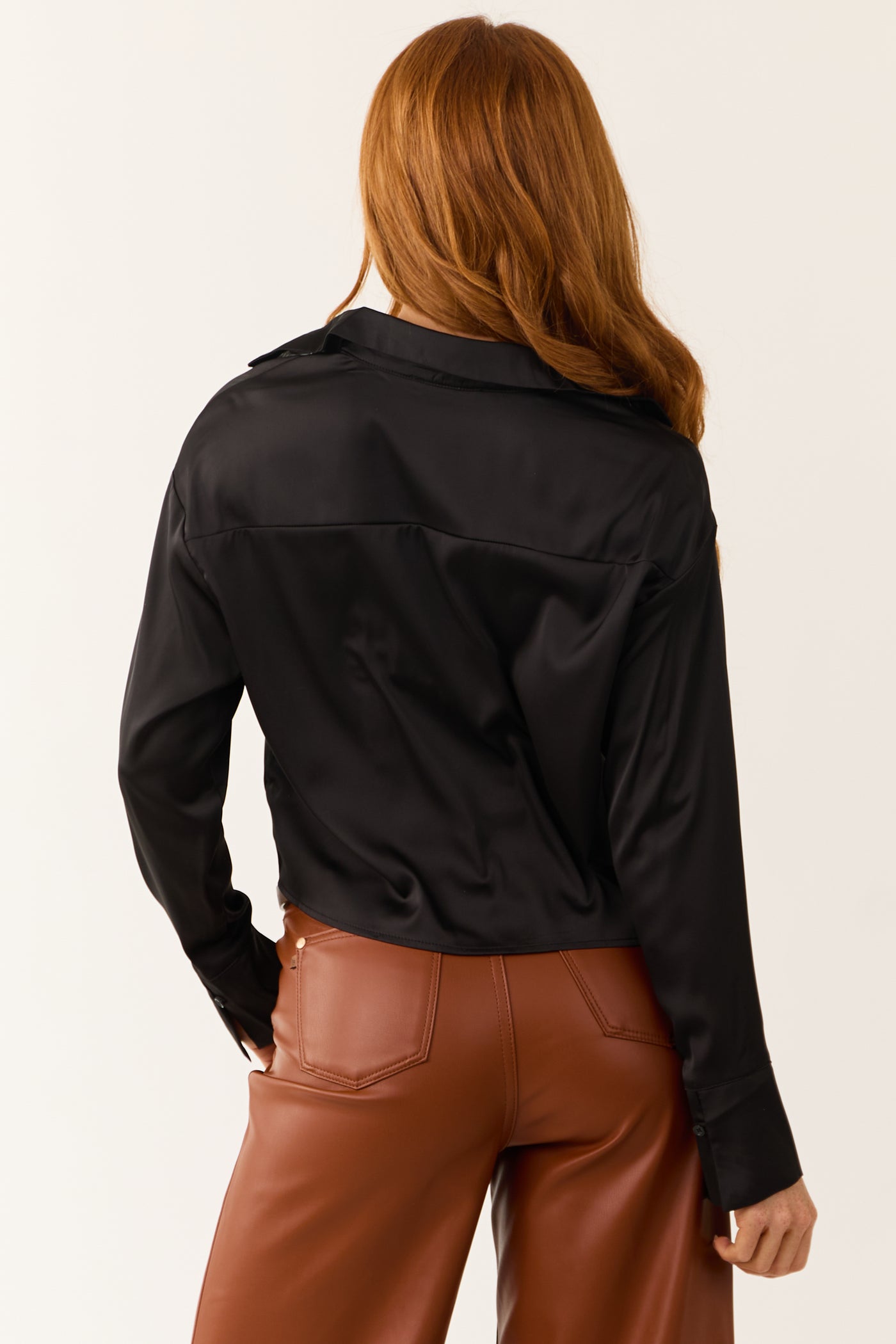 Black Satin Long Sleeve Button Down Top