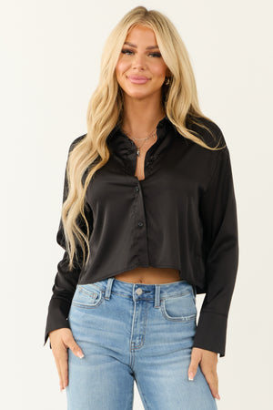 Black Satin Long Sleeve Button Down Top