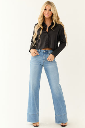 Black Satin Long Sleeve Button Down Top