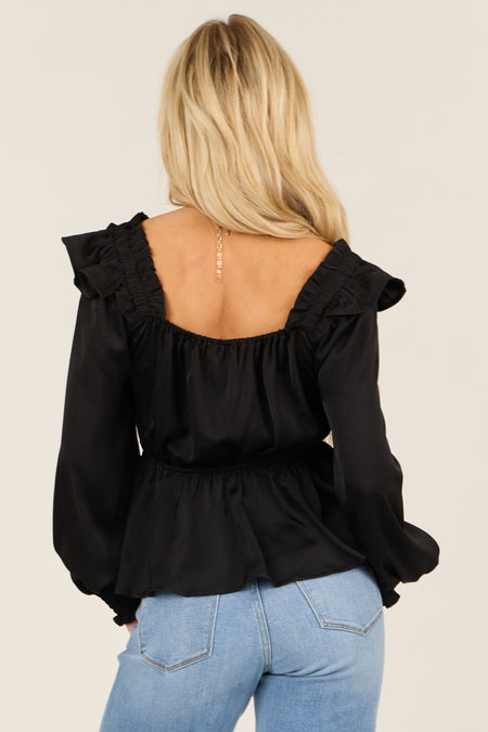 Black Satin Smocked Ruffle Peplum Square Neck Blouse