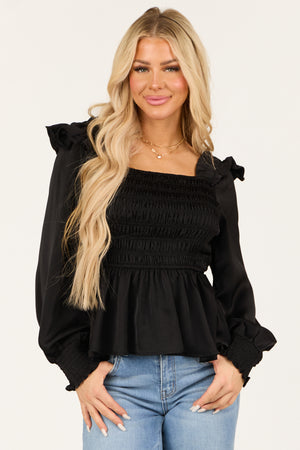 Black Satin Smocked Ruffle Peplum Square Neck Blouse