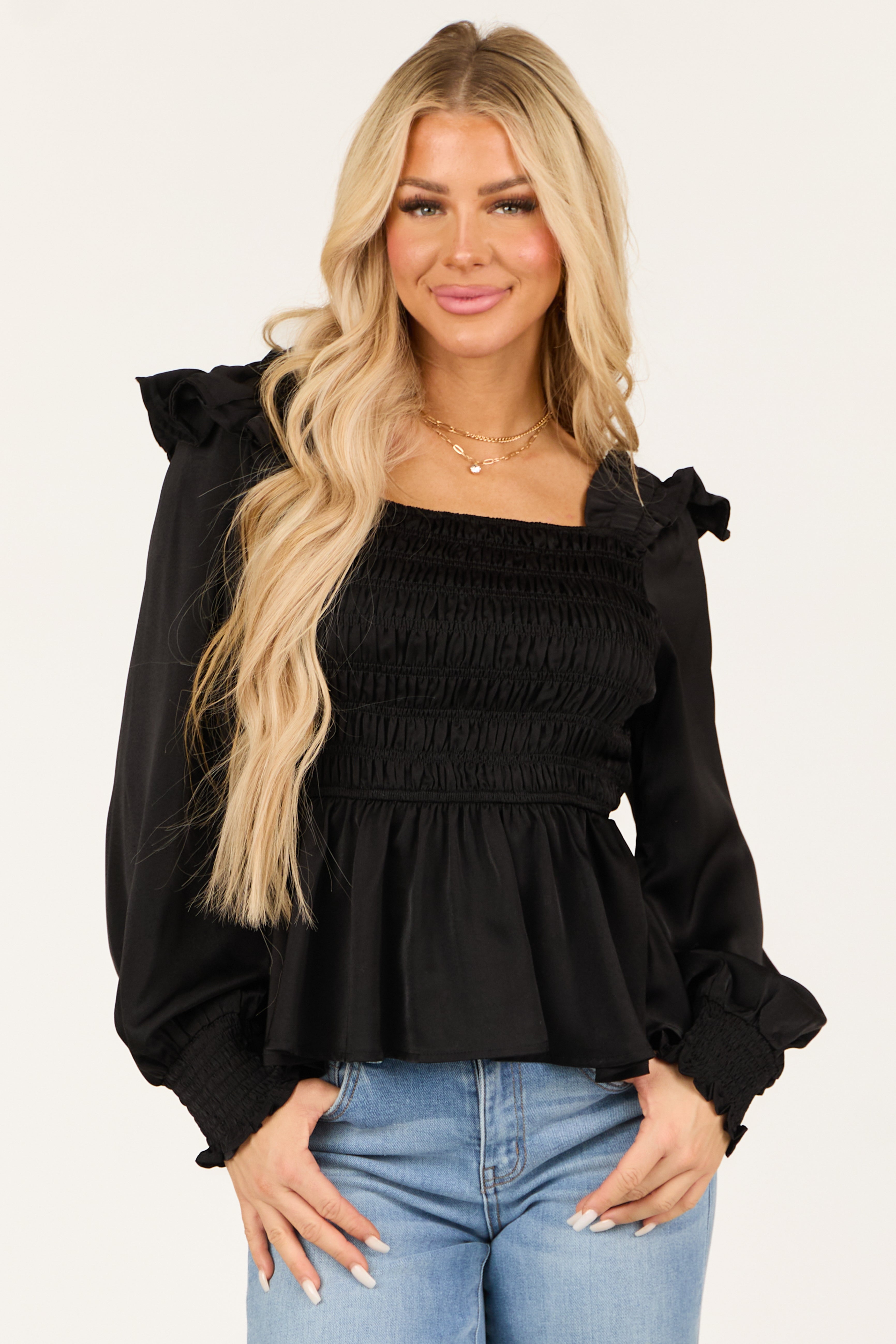 Black Satin Smocked Ruffle Peplum Square Neck Blouse