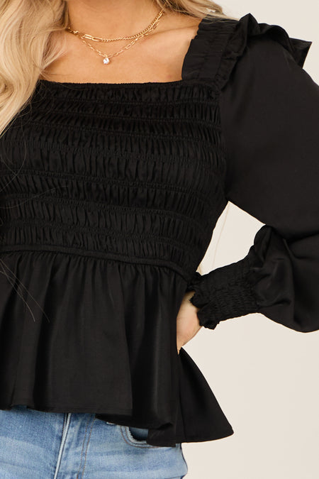 Black Satin Smocked Ruffle Peplum Square Neck Blouse