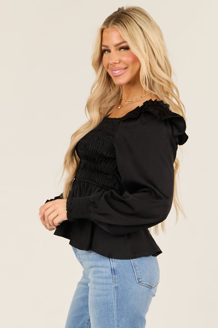 Black Satin Smocked Ruffle Peplum Square Neck Blouse