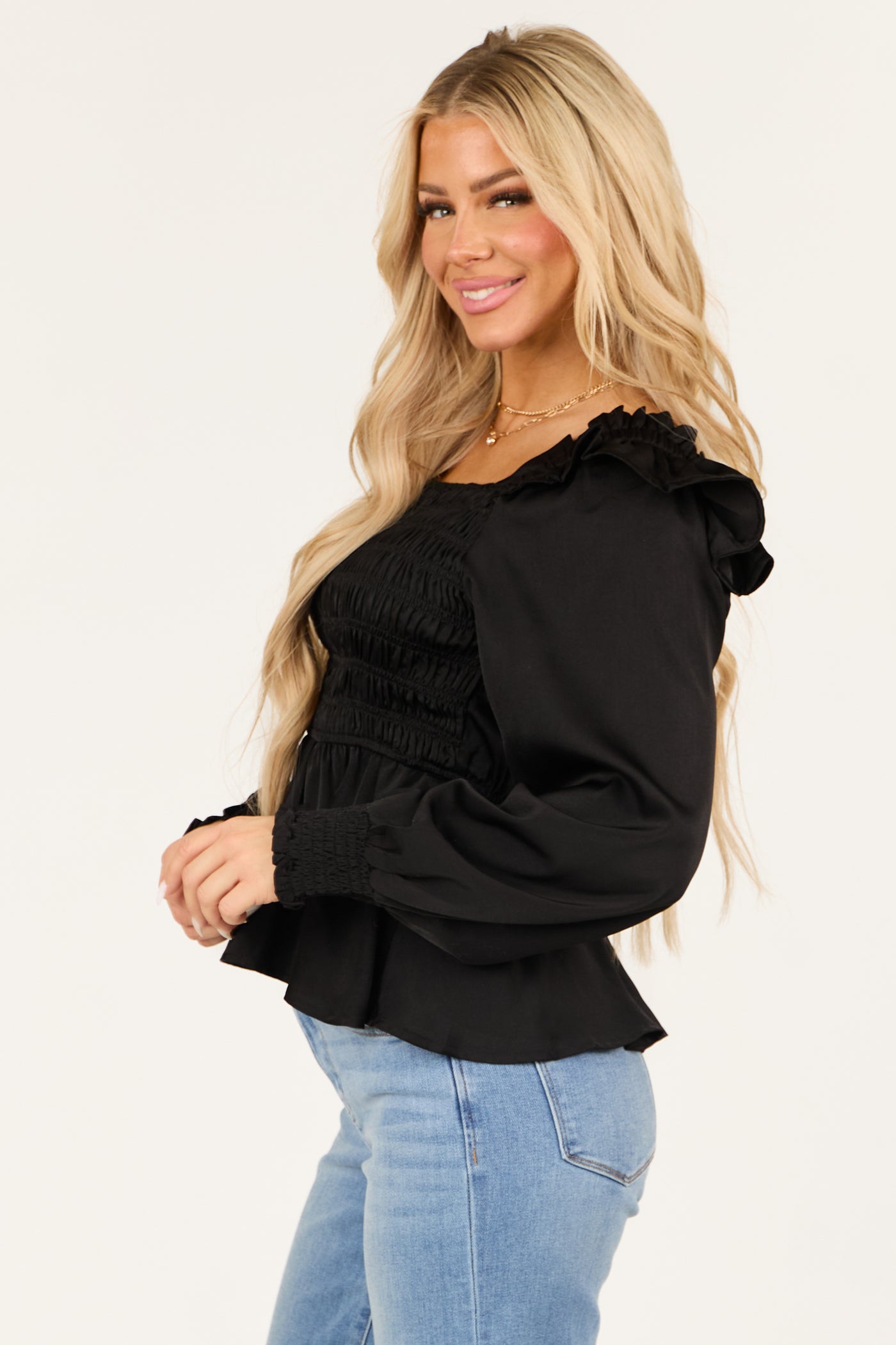 Black Satin Smocked Ruffle Peplum Square Neck Blouse