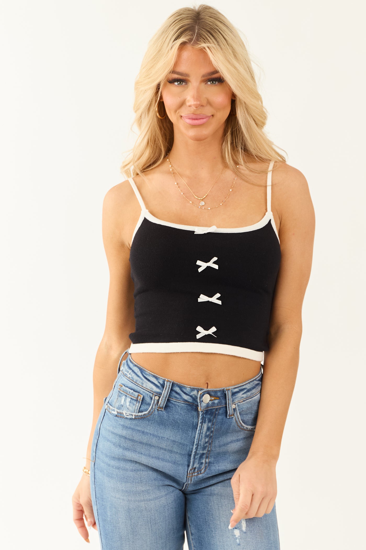 Black Scoop Neck Bow Detail Cropped Knit Tank Top